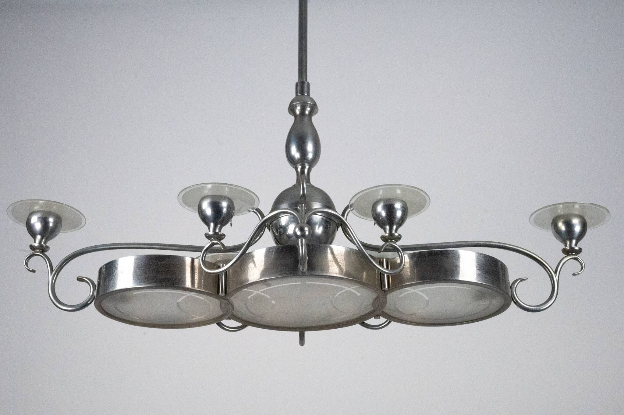 Art Deco Italian Chandelier in Nickel Brass and Frosted Glass, 1930s