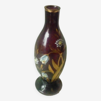 Vase soliflore en verre emaille decor floral fin 19 eme