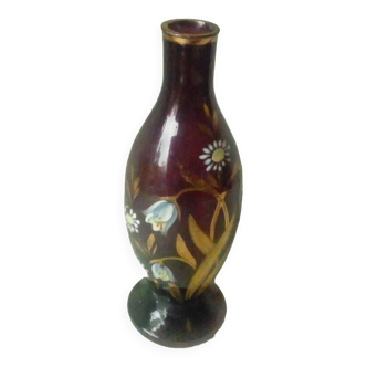 Vase soliflore en verre emaille decor floral fin 19 eme