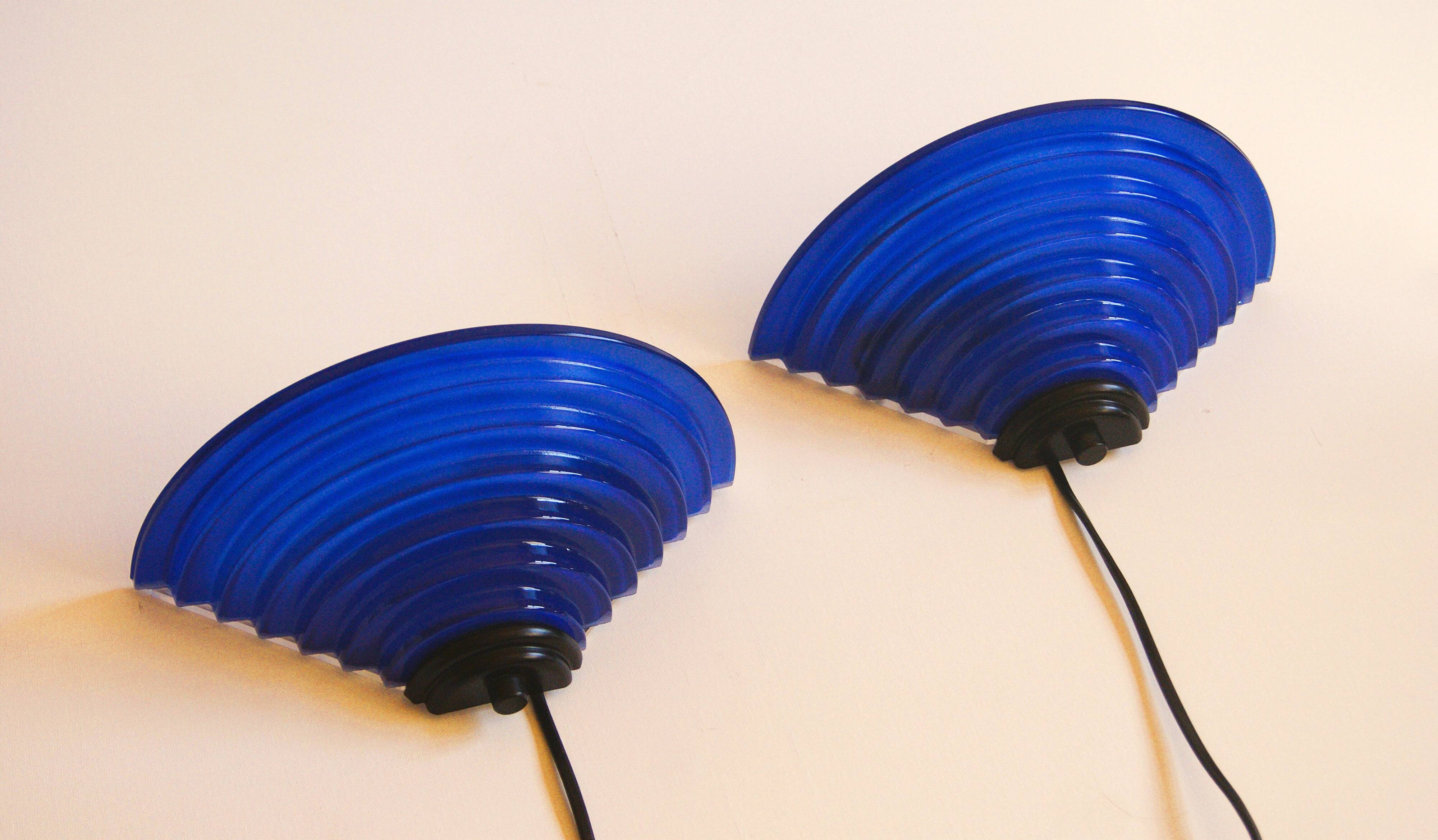 Pair of 1980's Art Deco Inspired Cobalt Blue Glass Sconces - Design Light
