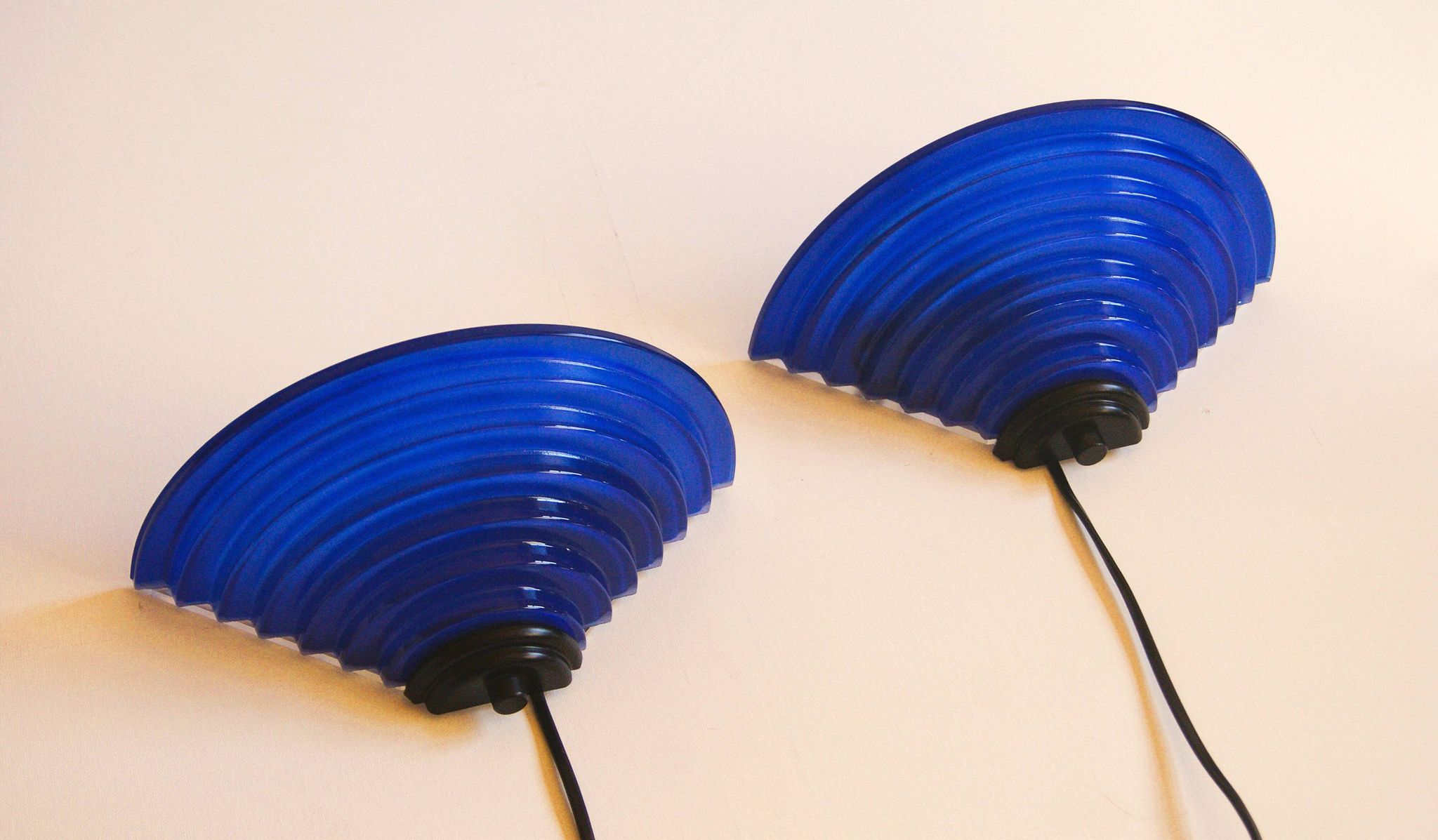 Pair of 1980's Art Deco Inspired Cobalt Blue Glass Sconces - Design Light