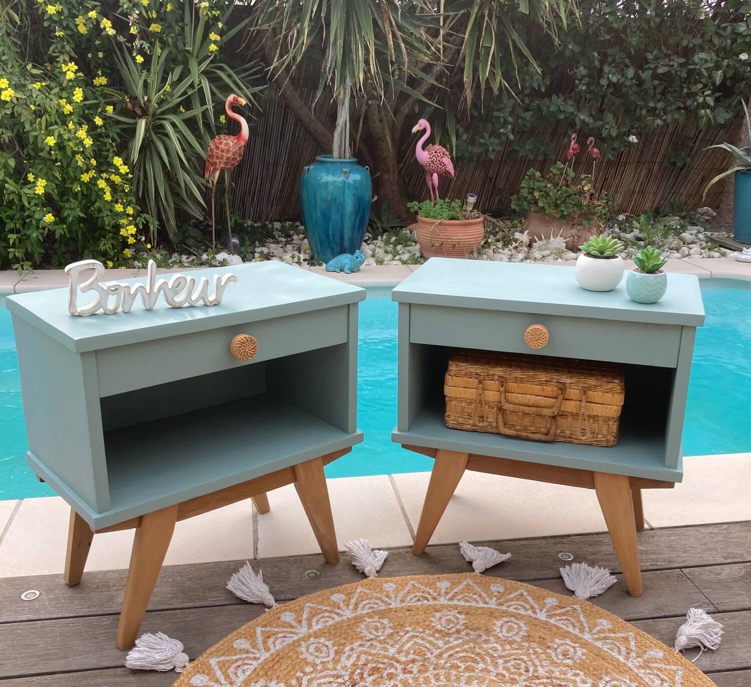 Pair of vintage bedside tables with compass feet/green