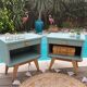 Pair of vintage bedside tables with compass feet/green