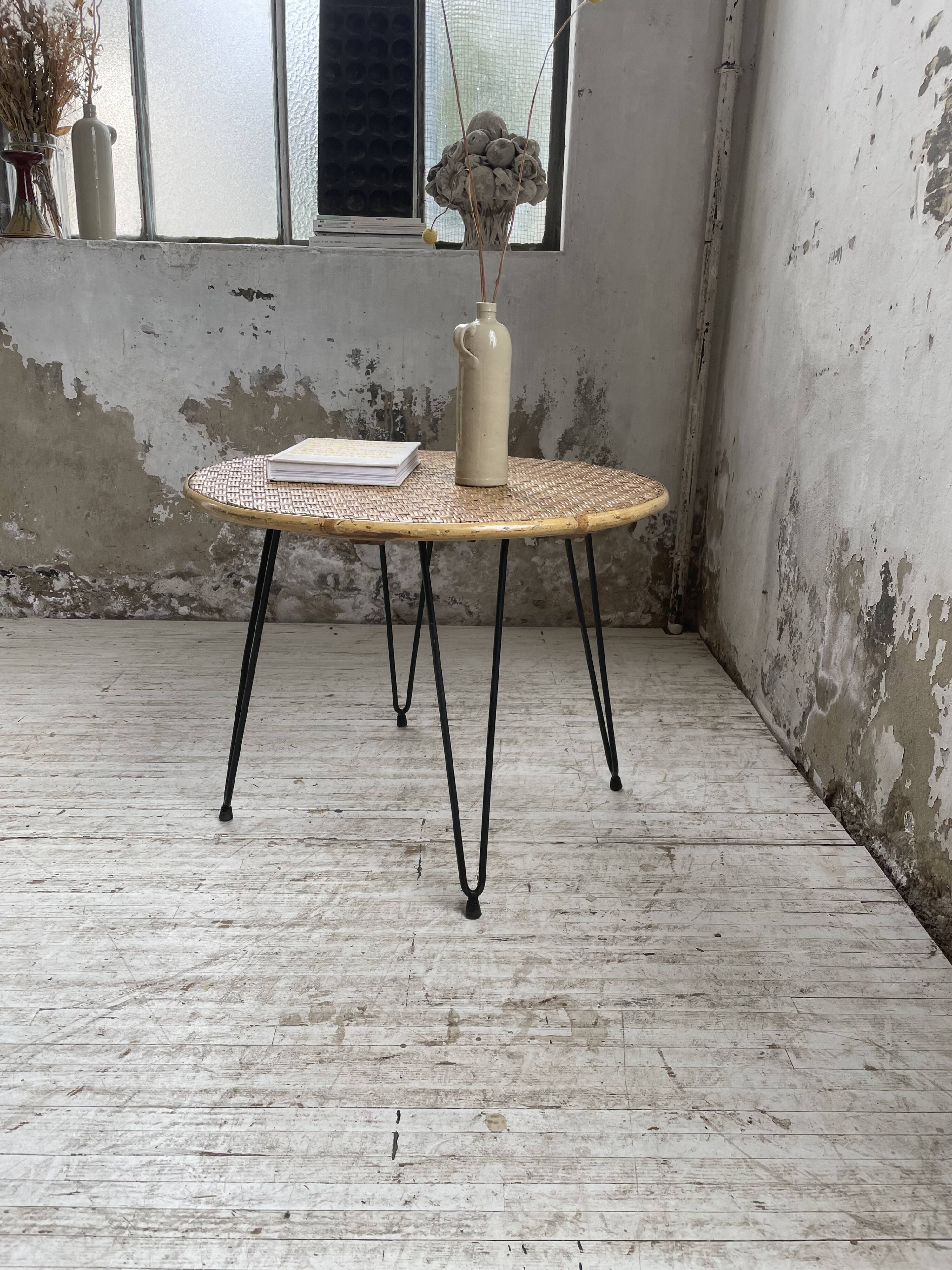 Wicker and metal coffee table from the 1950s