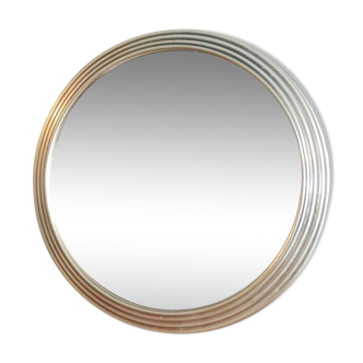 Miroir plateau rond entourage métal laiton doré patiné