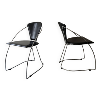 Set of 2 Cantilever Wire Chairs in Metal and Black Leather - Linda de Arrben, Italy 1980