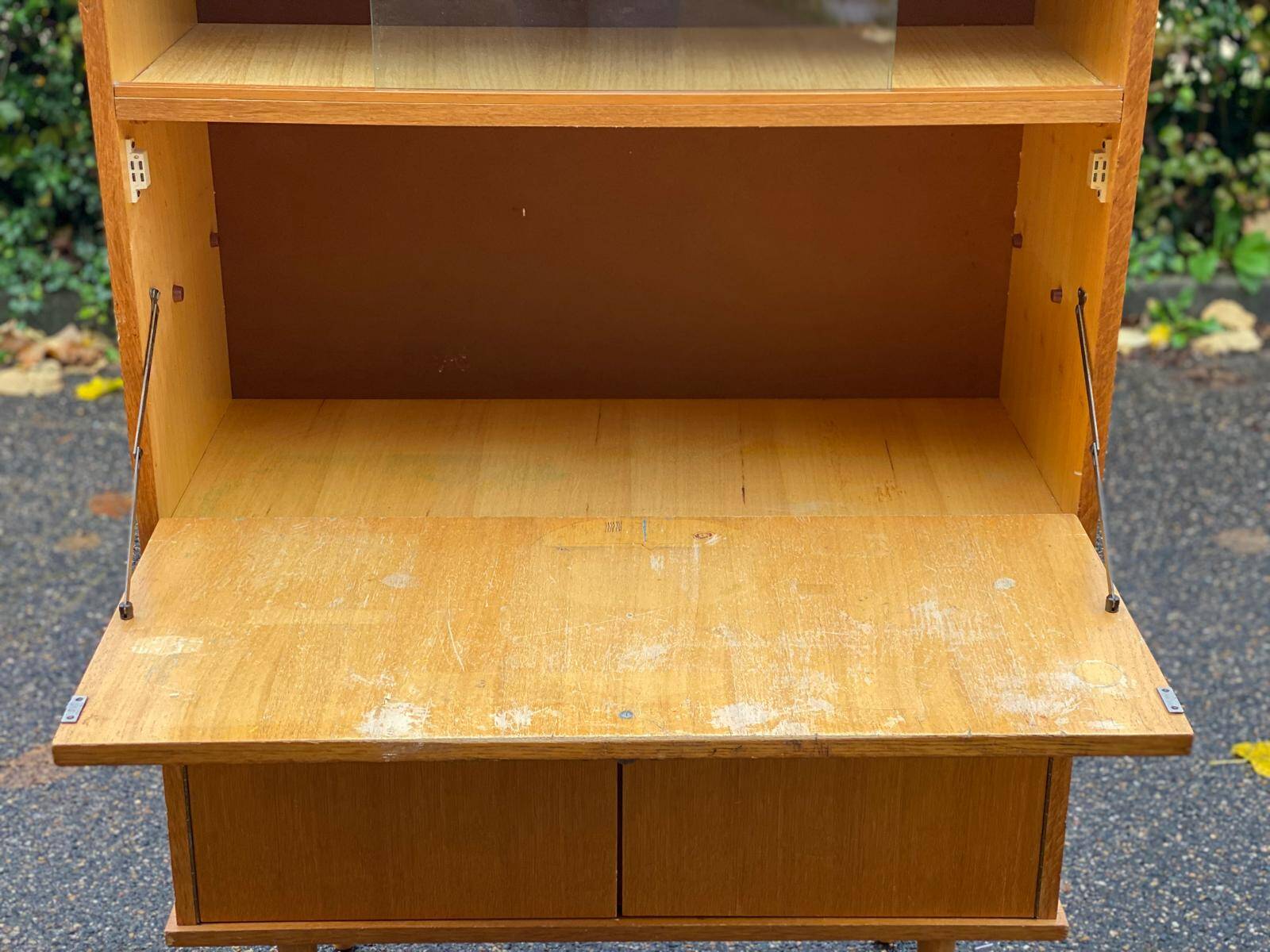 Vintage Scandinavian glass secretary with 3 doors and compass legs 145cm