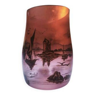 Vase signed Michel with a lakeside decoration.