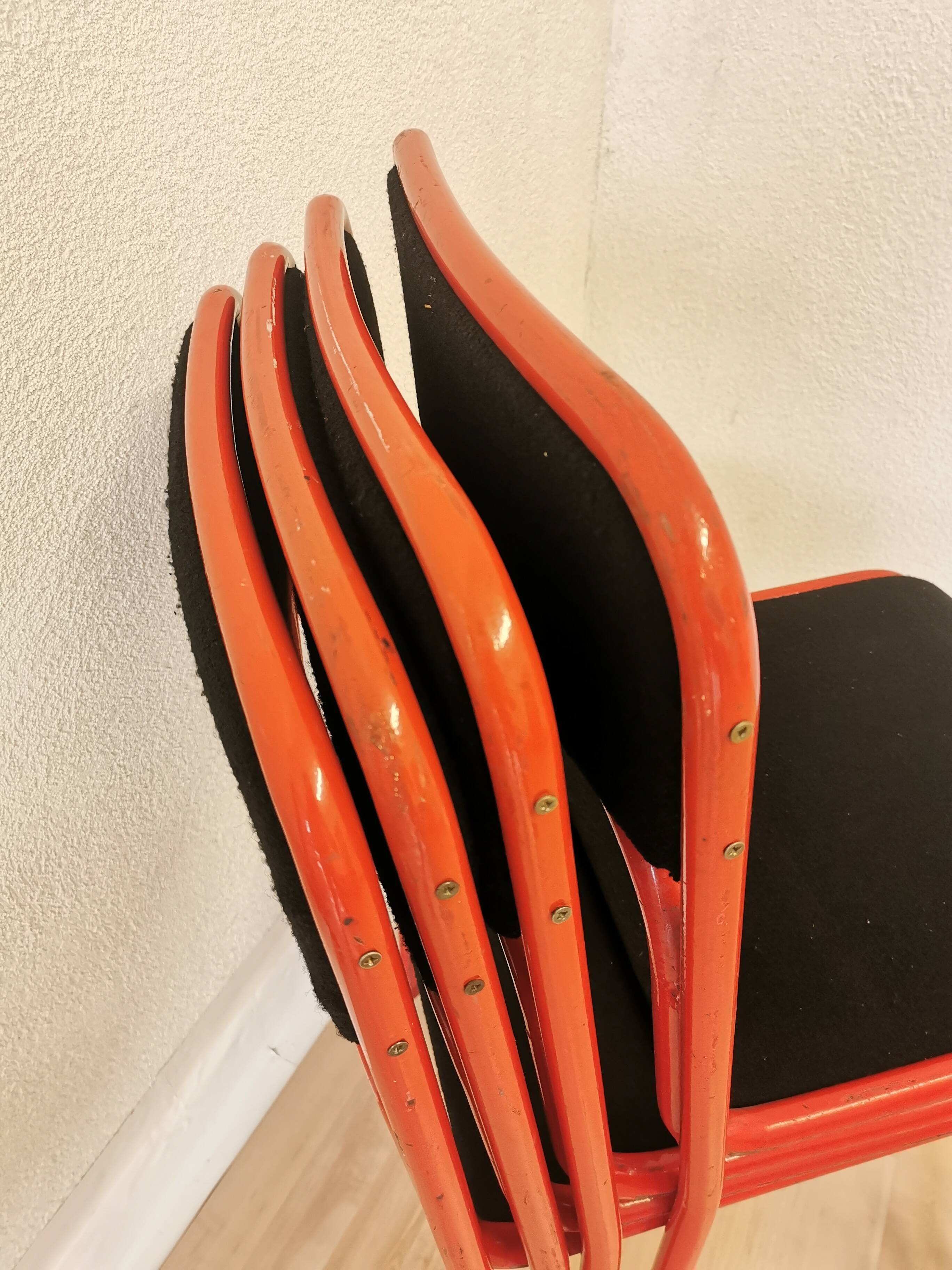 Set of 4 1970s Red & Black Metal Chair: Space Age Stackable Dining Chair