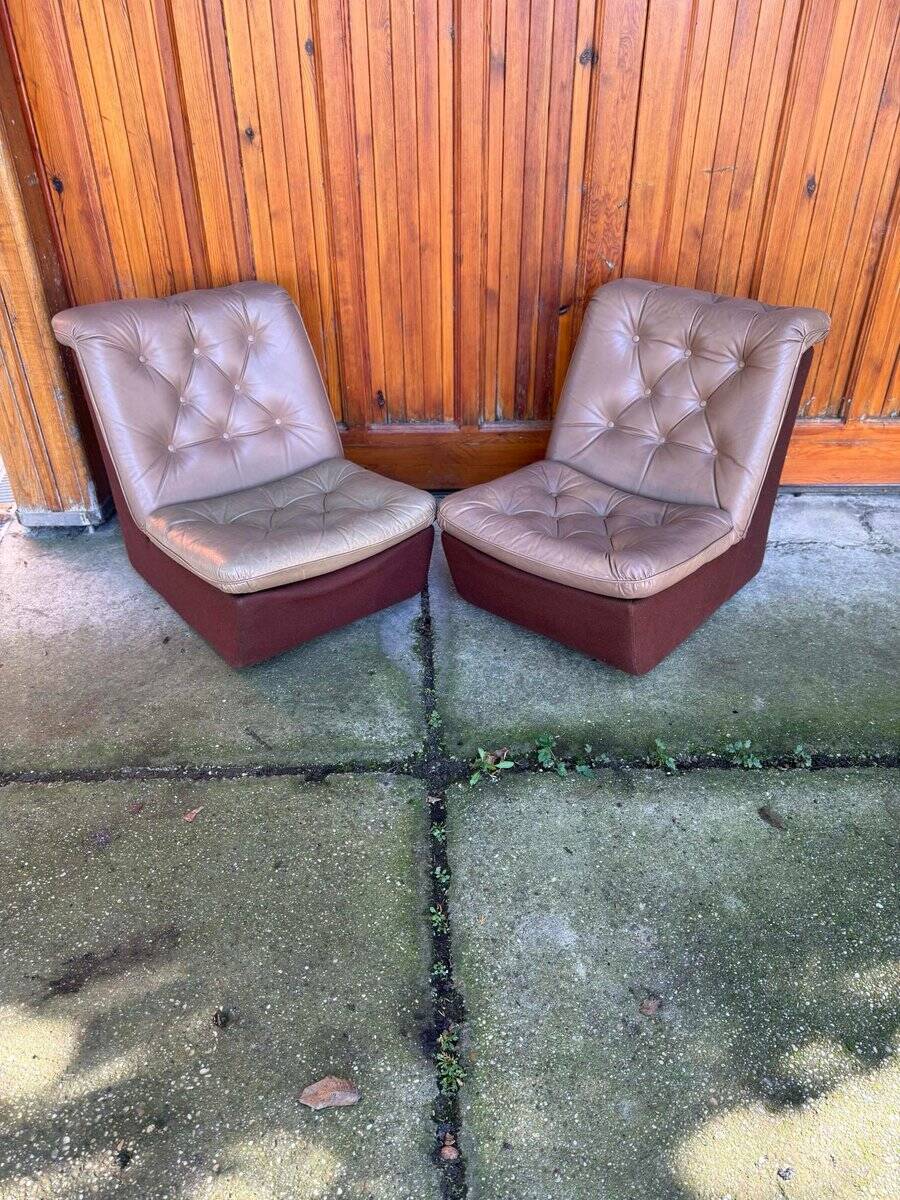 Set of mid-century modern brown leather and fabric chairs, 1960s