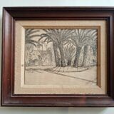 Old painting drawing in ink signed , Les Palmiers