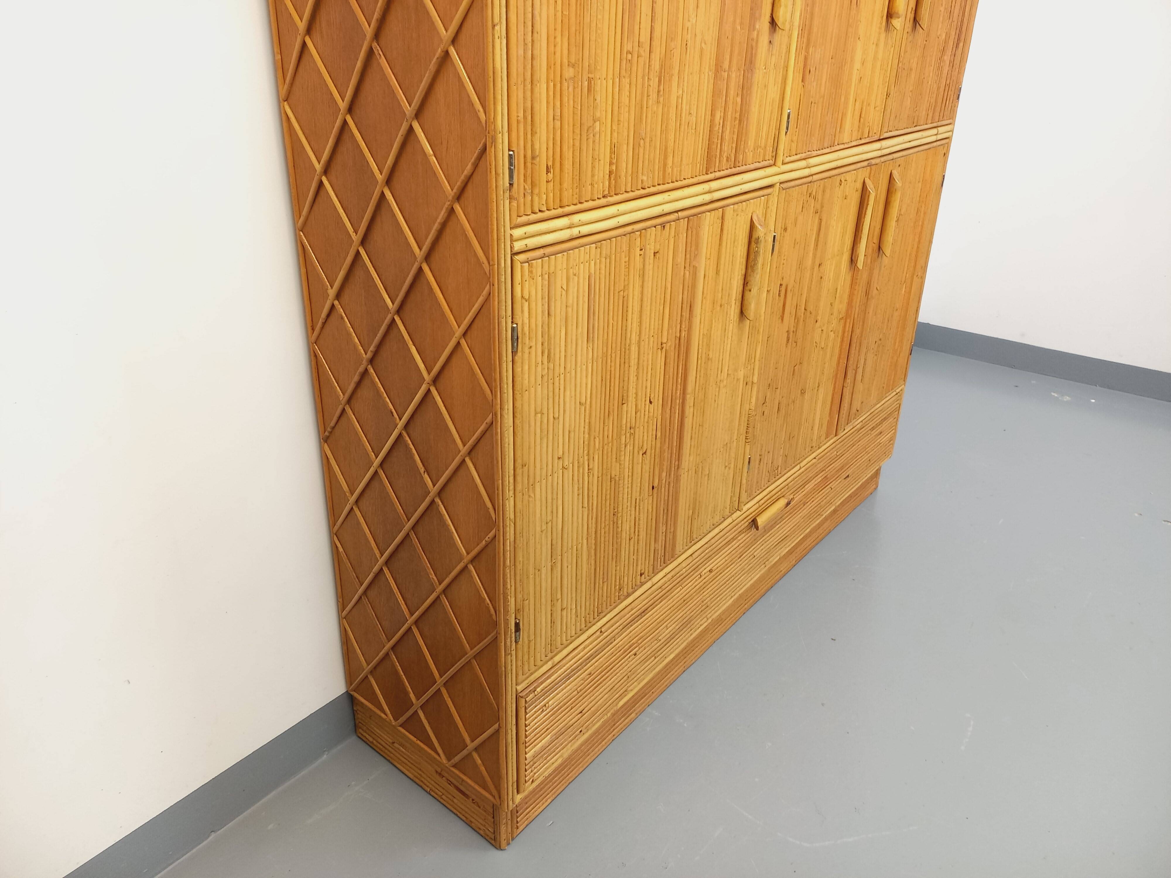 Vintage rattan and light wood storage unit from the 60s