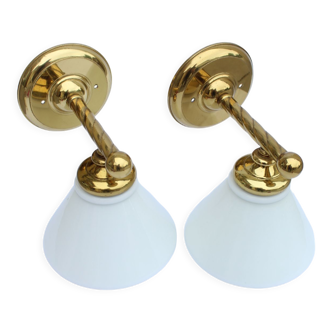 Vintage wall lamps in opaline and brass