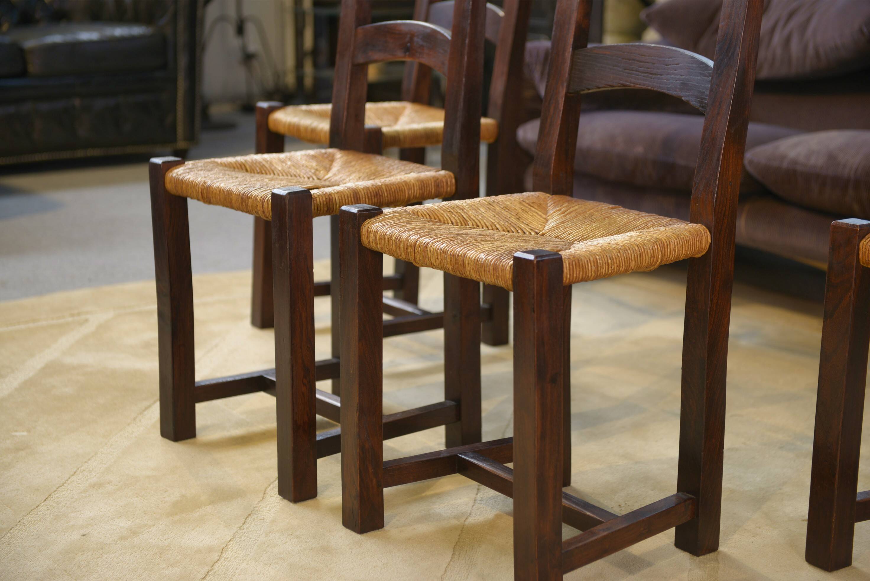 Set of 4 chairs in elm and straw by Aranjou 1950s
