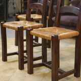Set of 4 chairs in elm and straw by Aranjou 1950s