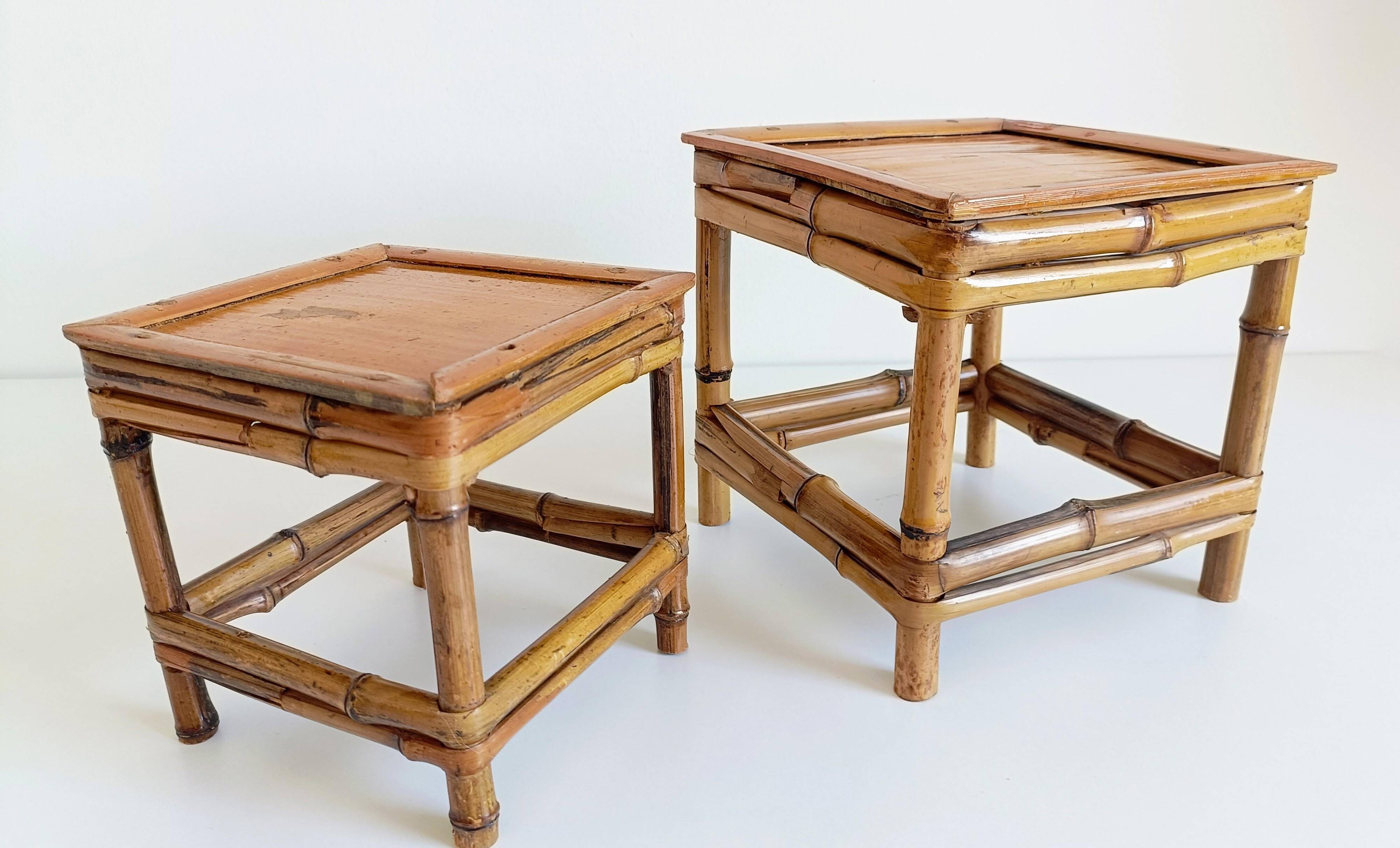 1950s Mid-Century French Bamboo and Wood Plant Pedestals, Hand-Crafted