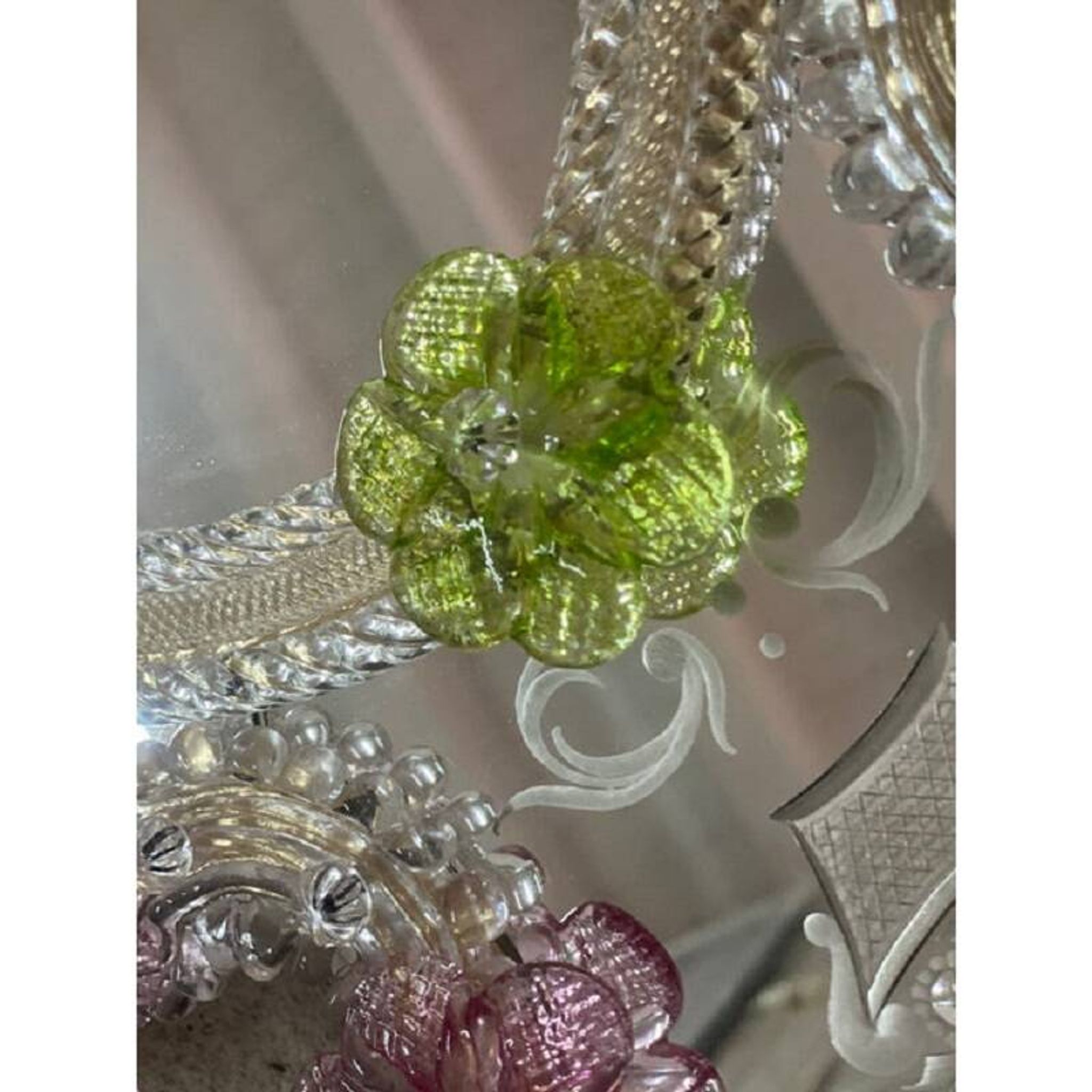 2000s Venetian Oval Green and Pink Floreal Hand-Carving Mirror in Murano Glass Style
