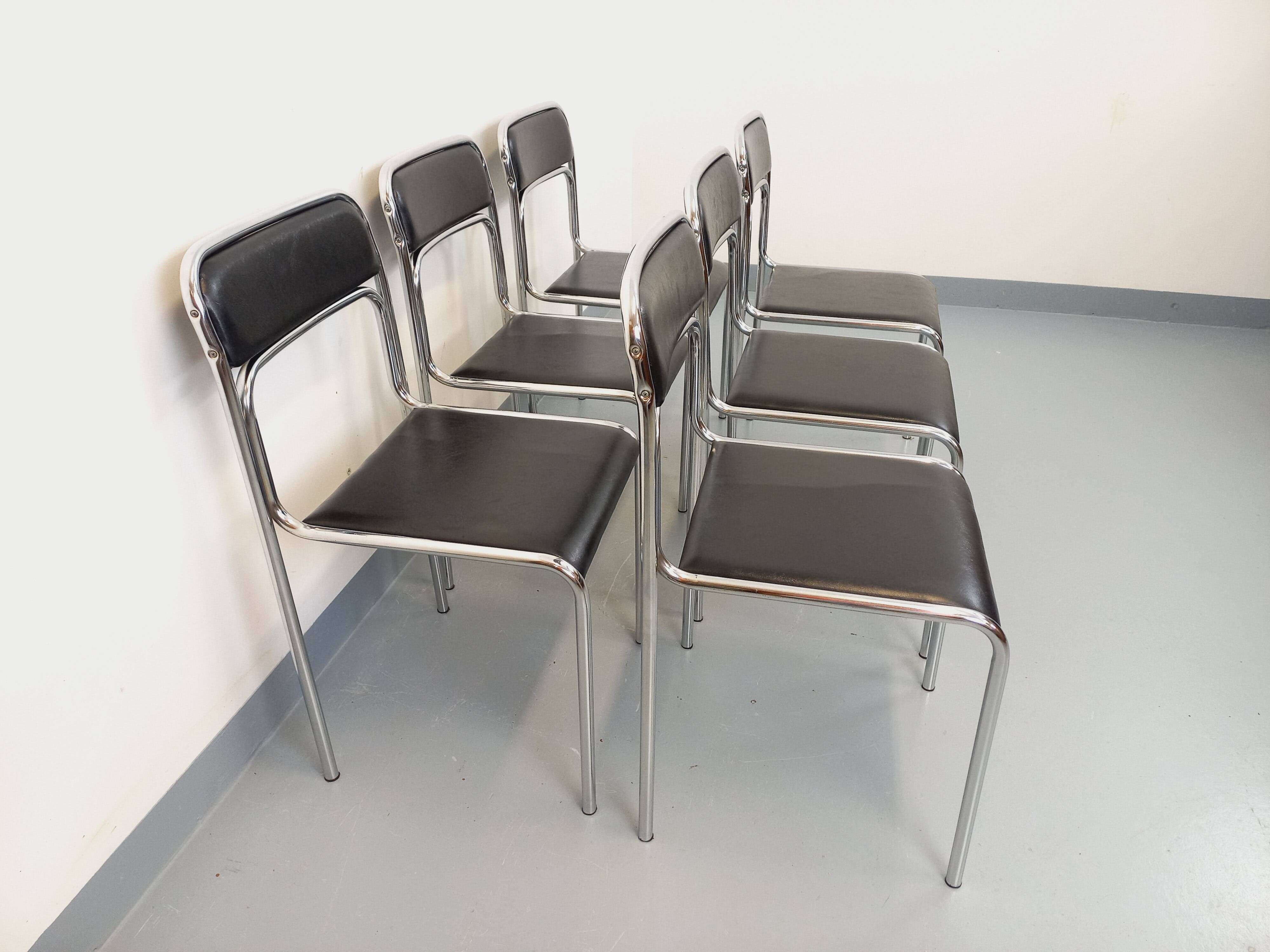 Set of 6 vintage Italian stackable chairs in chrome metal and skai.