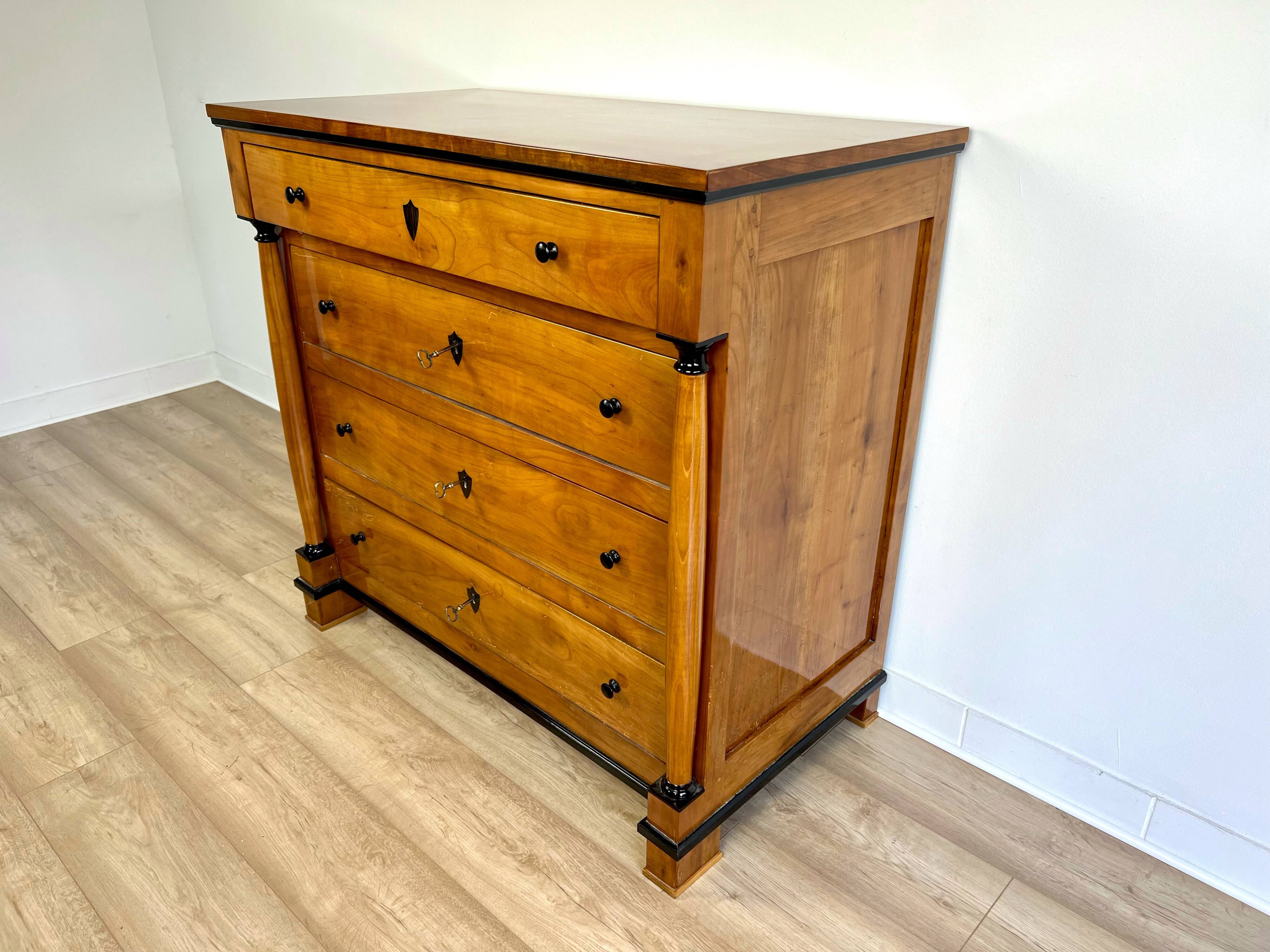 Original Biedermeier chest of drawers after renovation - 19th century - cherry, glossy finish.