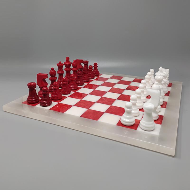 Red and white chess set in volterra alabaster handmade, made in italy1970