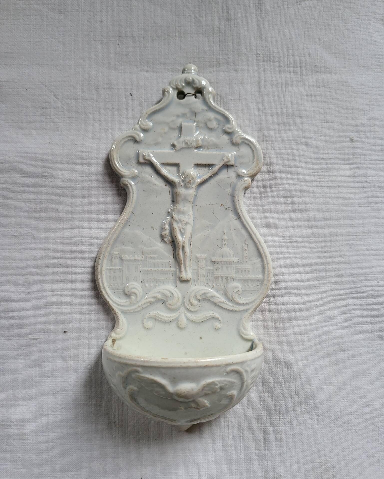 Antique Baptismal Font in Fine Faience Creil and Montereau White Christ Cross