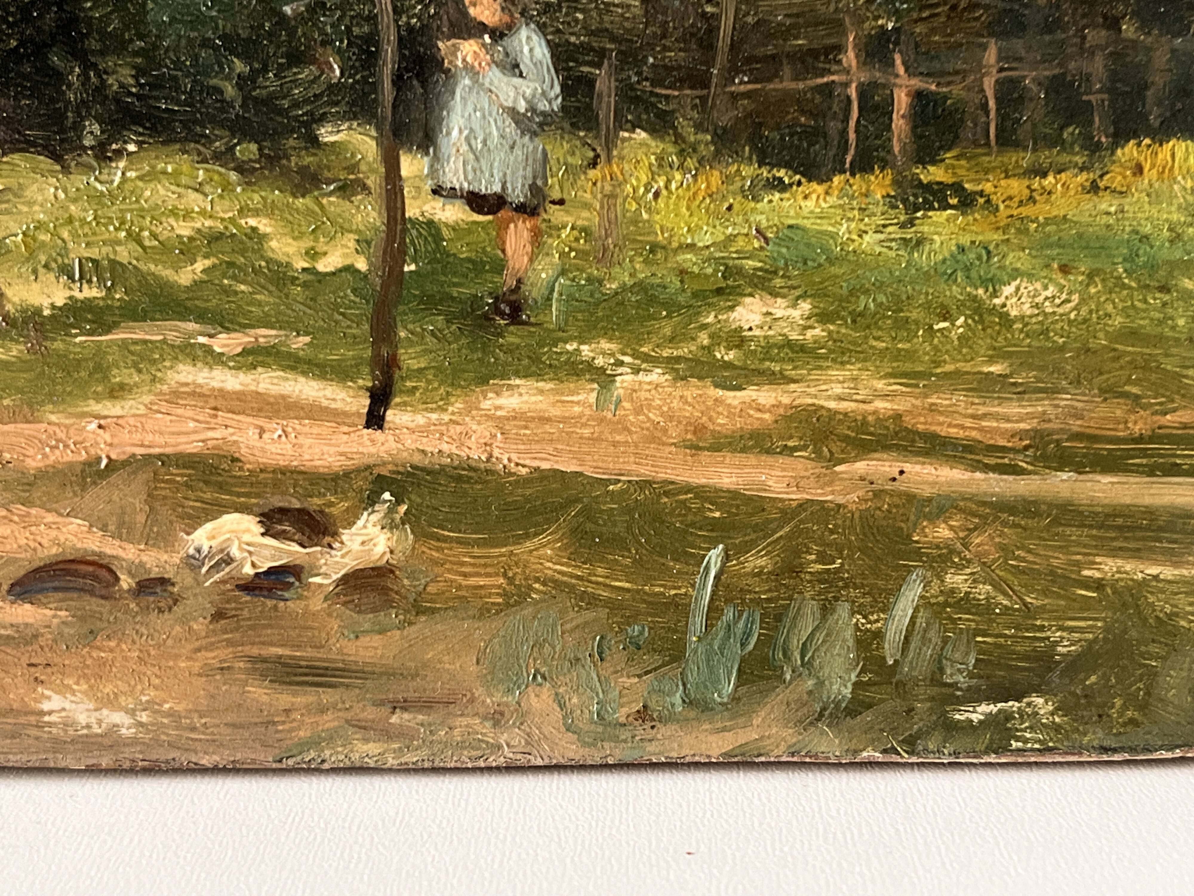Oil painting of a countryside landscape circa 1920, rural scene signed.