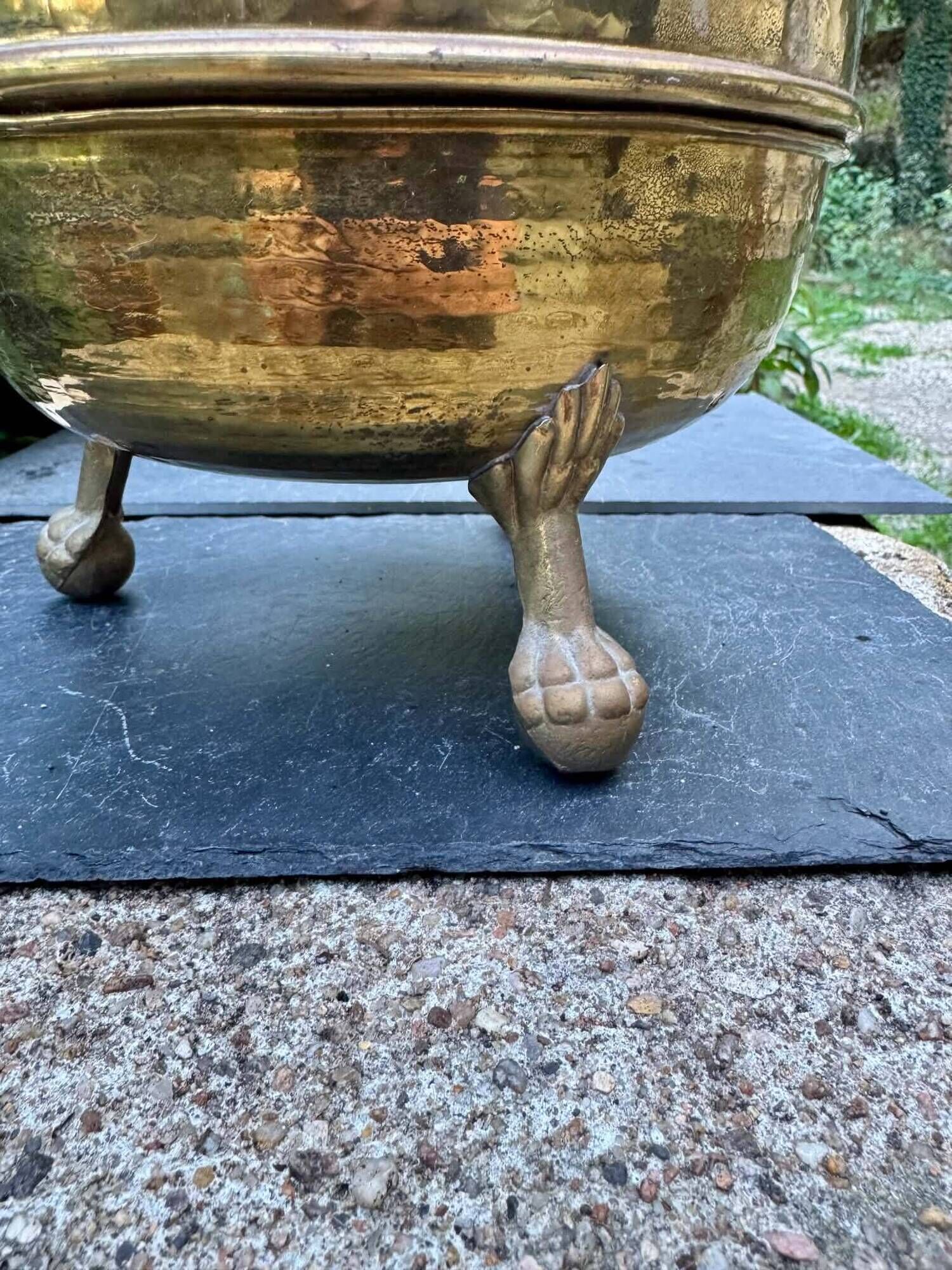 Large solid brass lion cache pot Art Nouveau