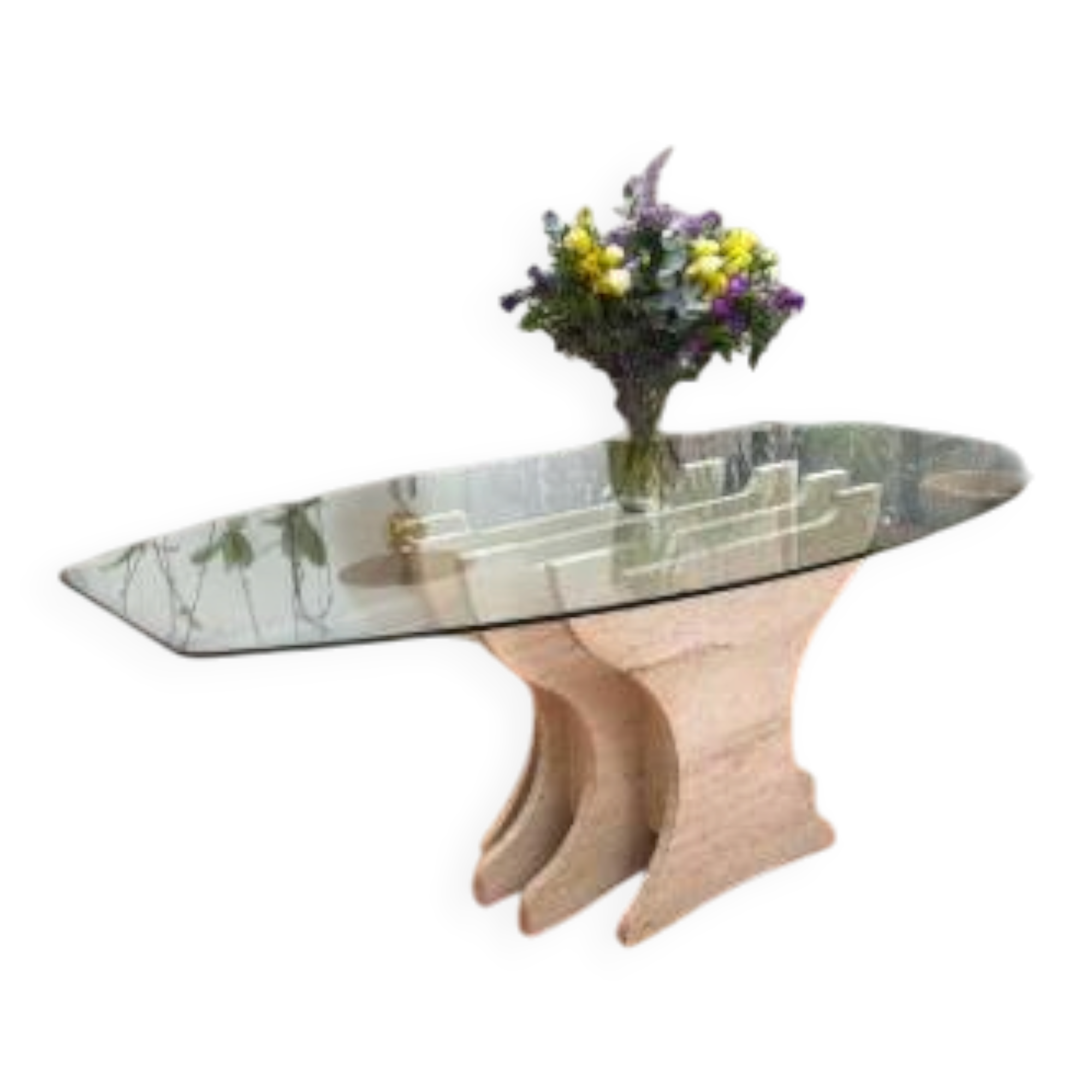 Large vintage dining table in beige stone and glass – 220 cm