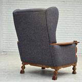 1970s, highback Danish armchair with footstool, furniture wool fabric, oak.
