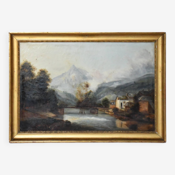 Huile sur toile Maison en bord de rivière paysage de montagnes