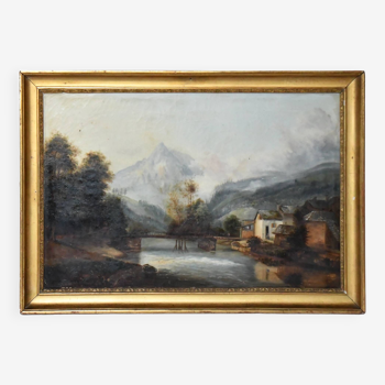 Oil on canvas House by the river mountain landscape