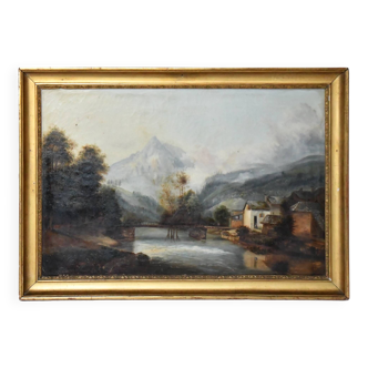 Oil on canvas House by the river mountain landscape