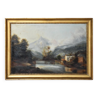 Huile sur toile Maison en bord de rivière paysage de montagnes