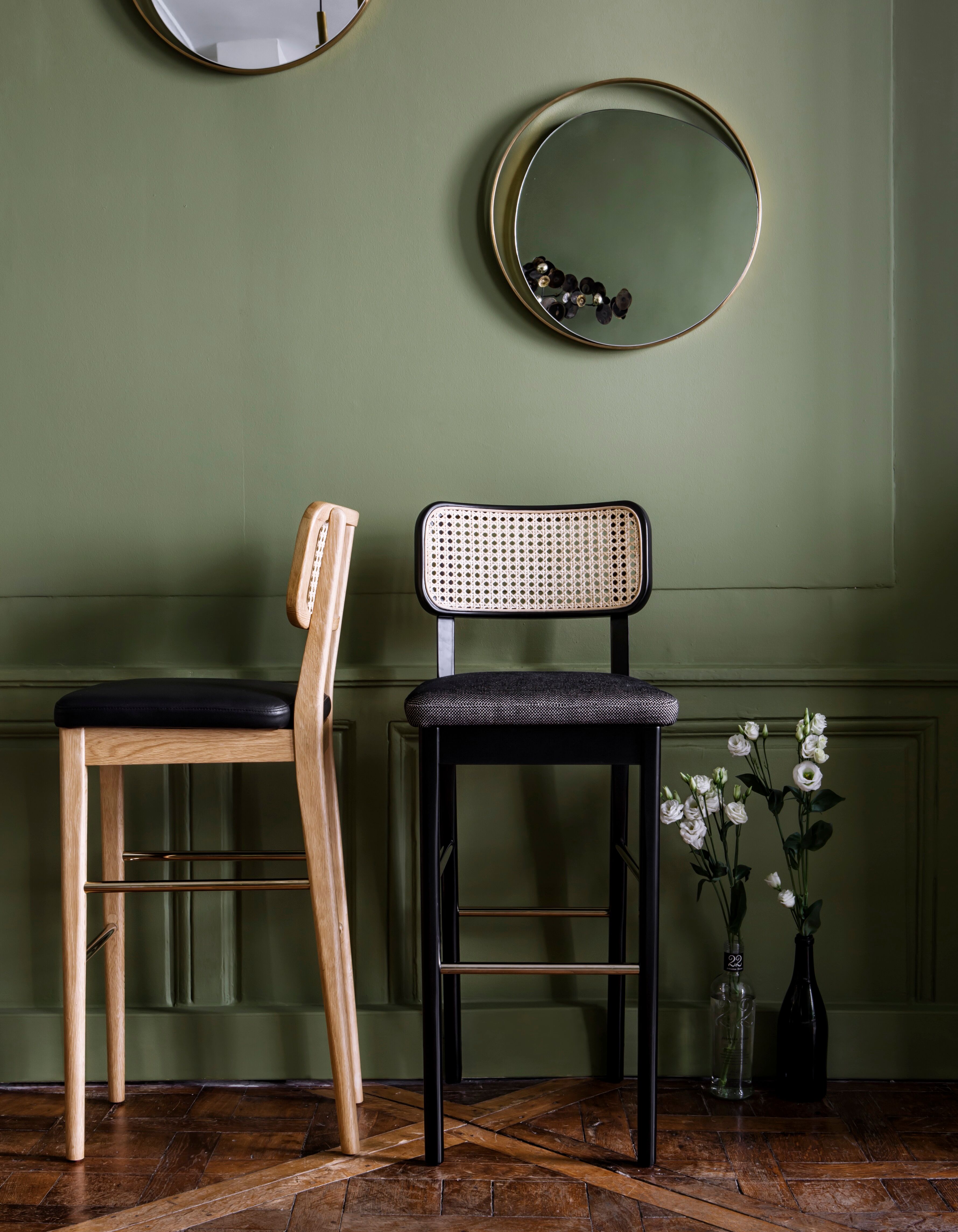 Cannage stool top black wood caviar fabric Red Edition