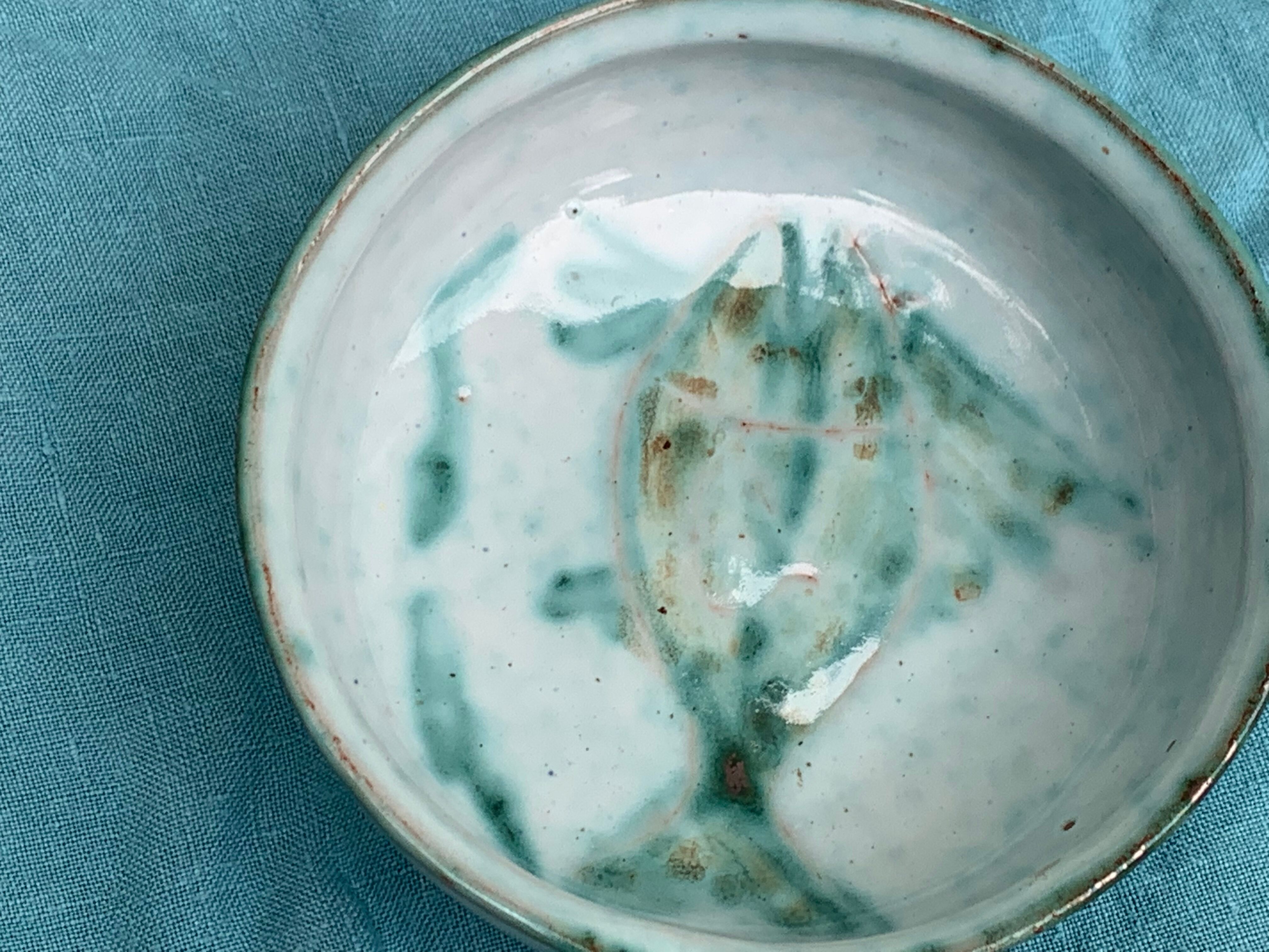 Caquelon, pan sign Humbert pittari vallauris model with blue glazed ceramic fish