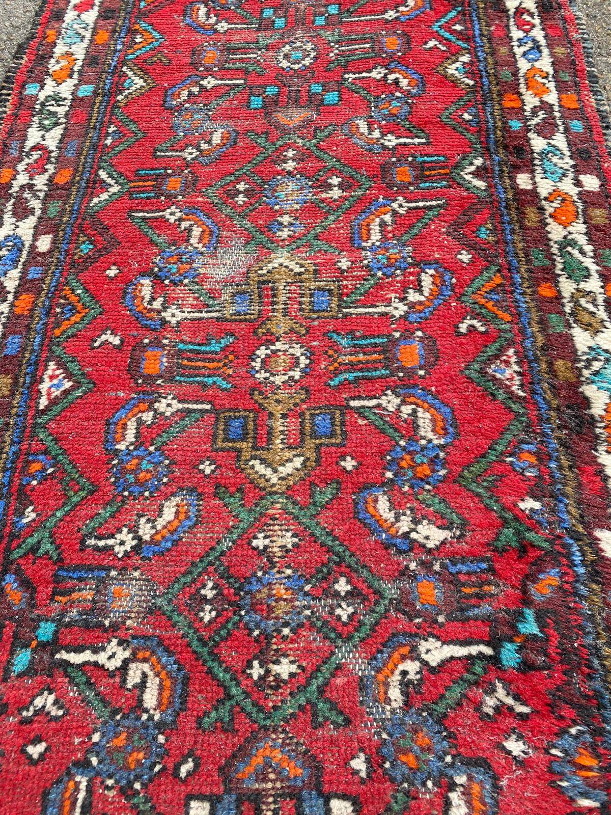 Handmade long hallway rug in burgundy wool, 75x200