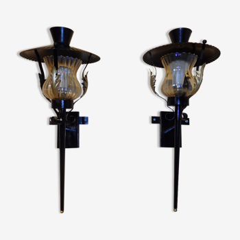 Pair of vintage torch wall lamps