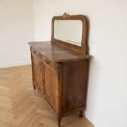 Buffet ancien en ronce de bois avec marbre et miroir