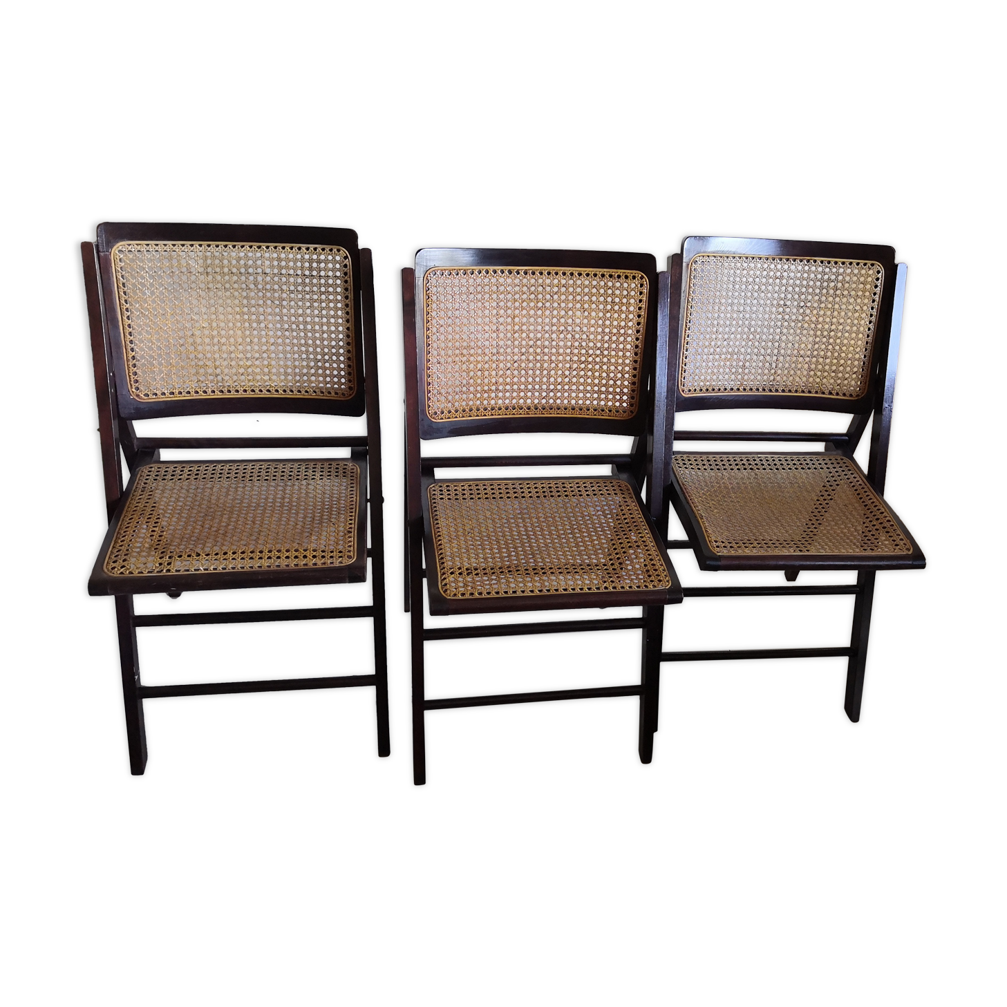 Trio de chaises pliantes en bois & cannage vintage années 60