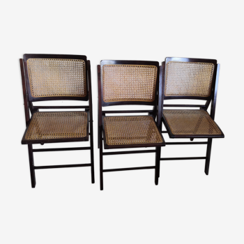 Trio de chaises pliantes en bois & cannage vintage années 60
