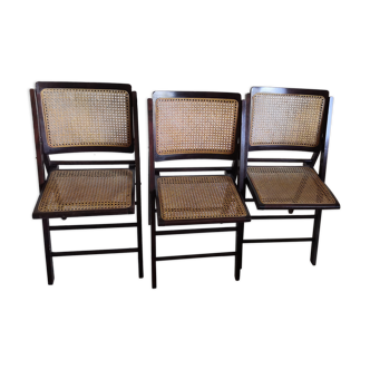 Trio de chaises pliantes en bois & cannage vintage années 60