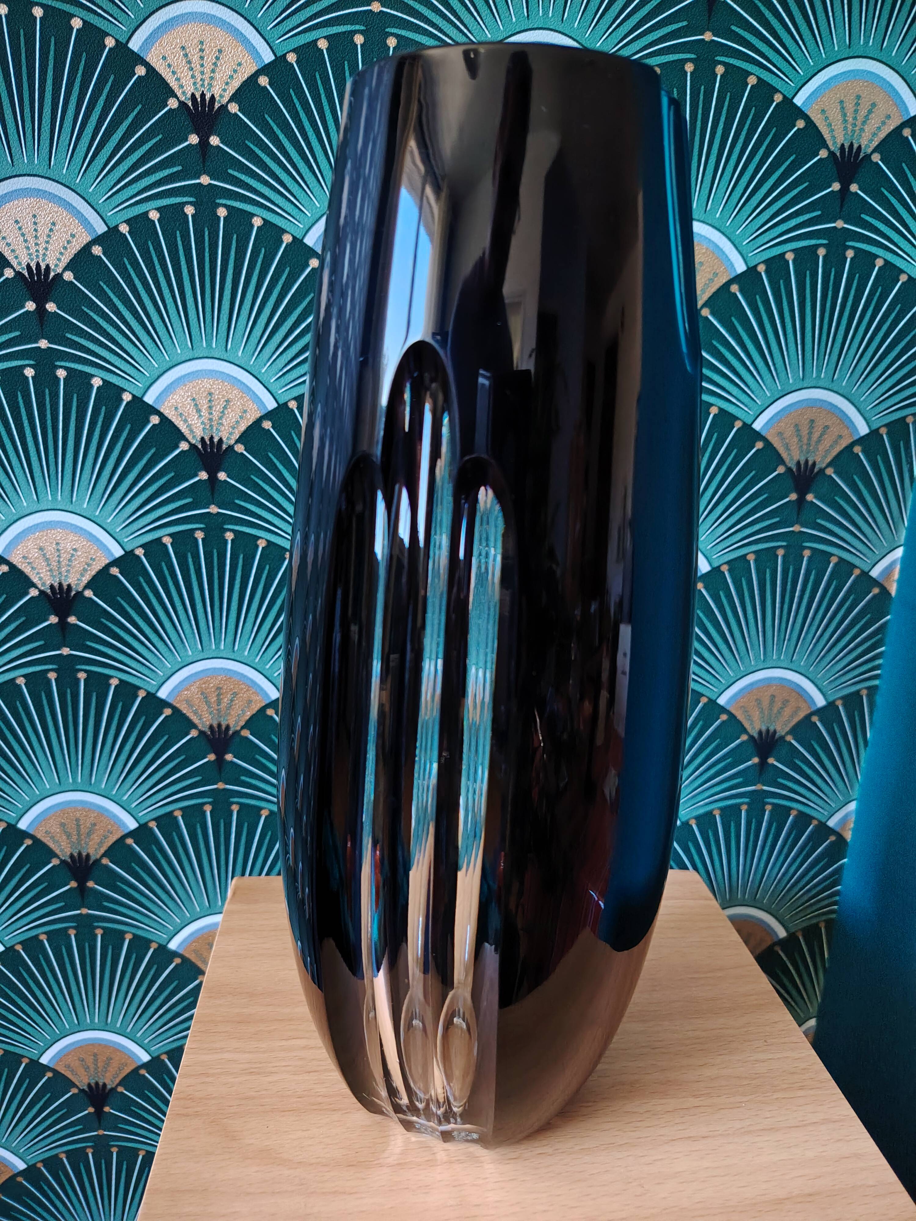 Black and clear cut crystal vase Bohemia Czechoslovakia 1970