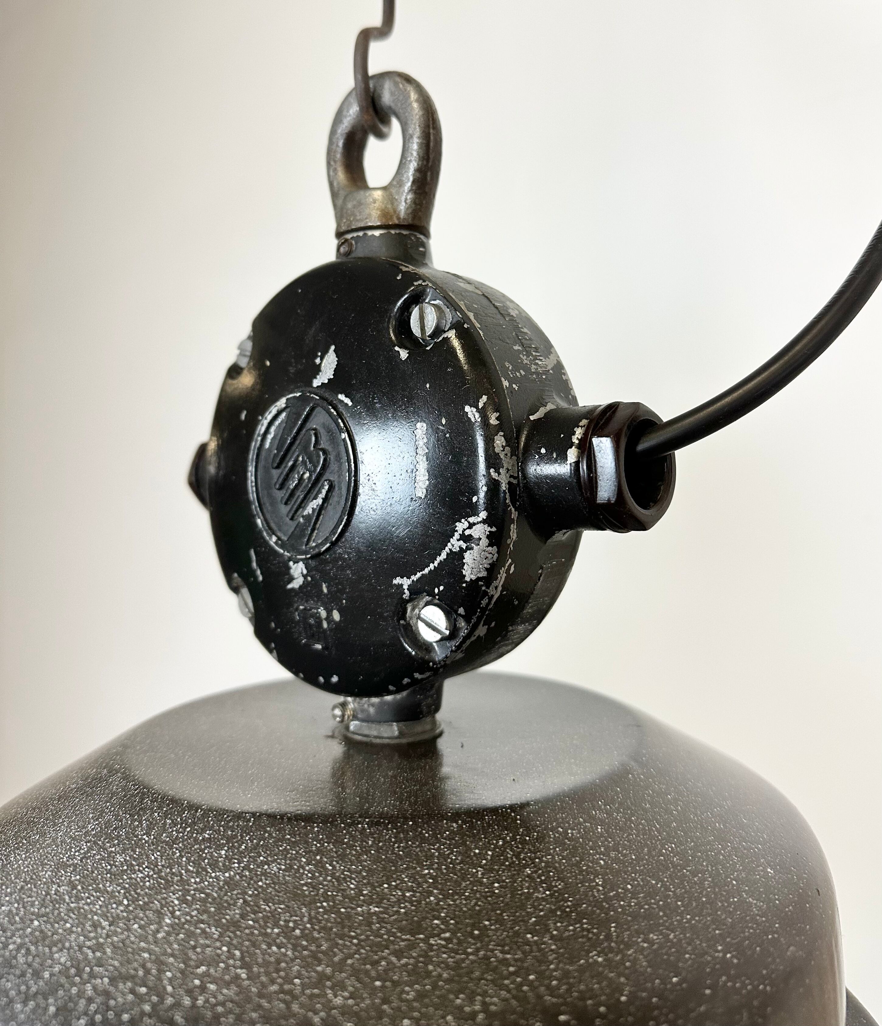 Dark grey enamel industrial factory lamp from elektrosvit, 1960s