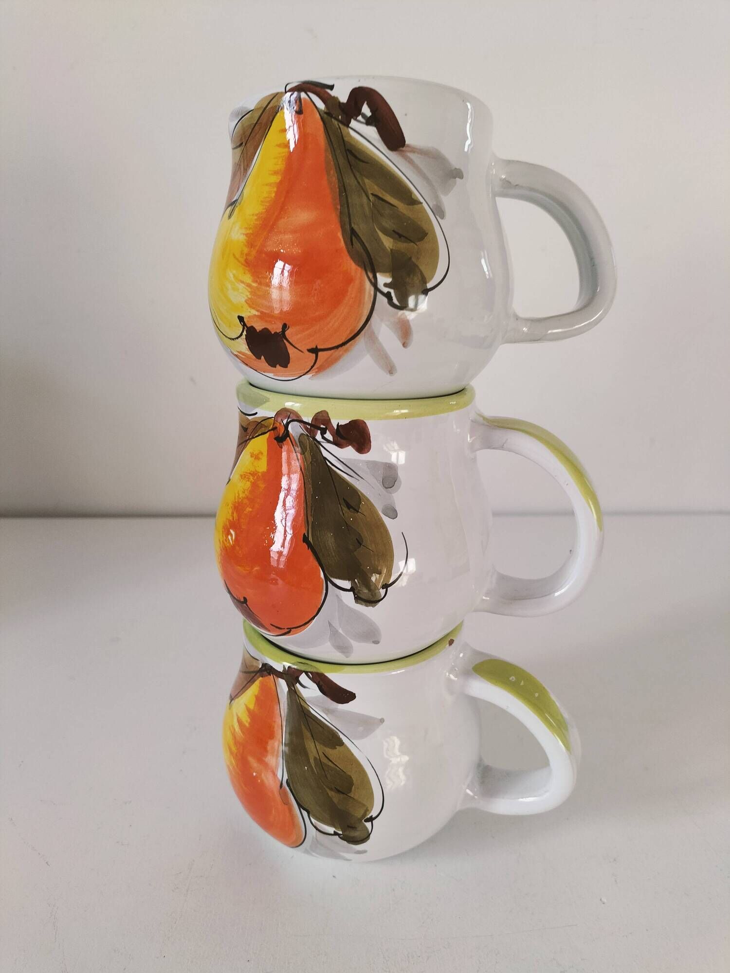 Trio of vintage Italian earthenware mugs, hand-painted – pear motif