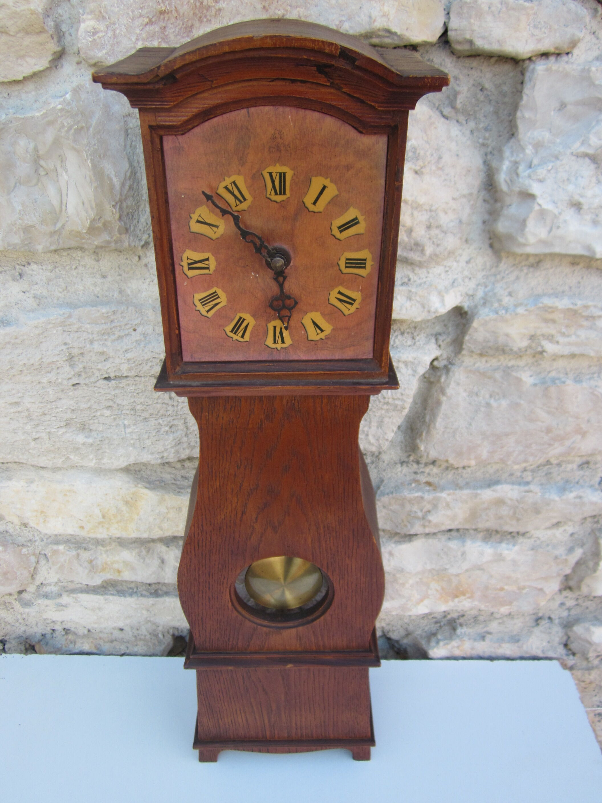 Wooden clock with balance wheel, battery operated