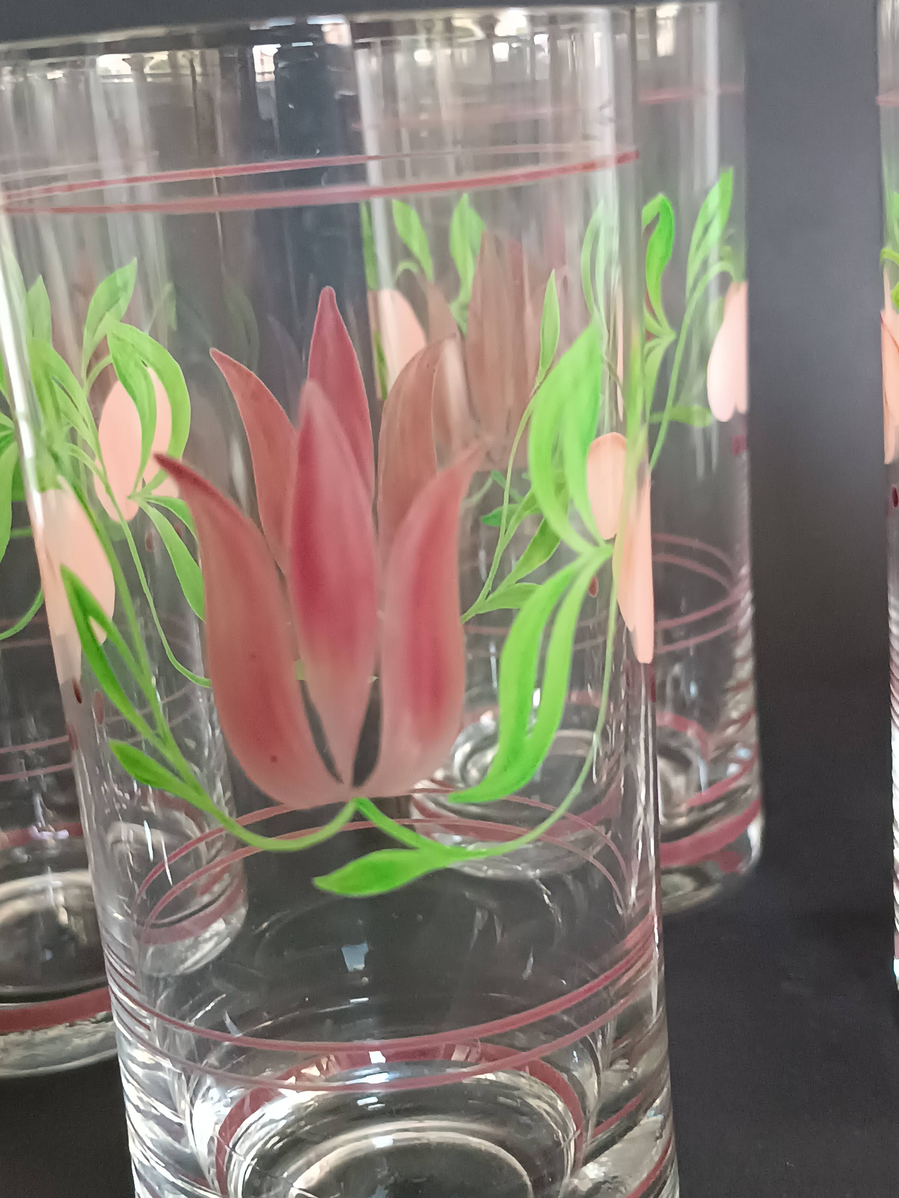Carafe and four glasses in painted crystal, Hartzviller crystal factory, 1970