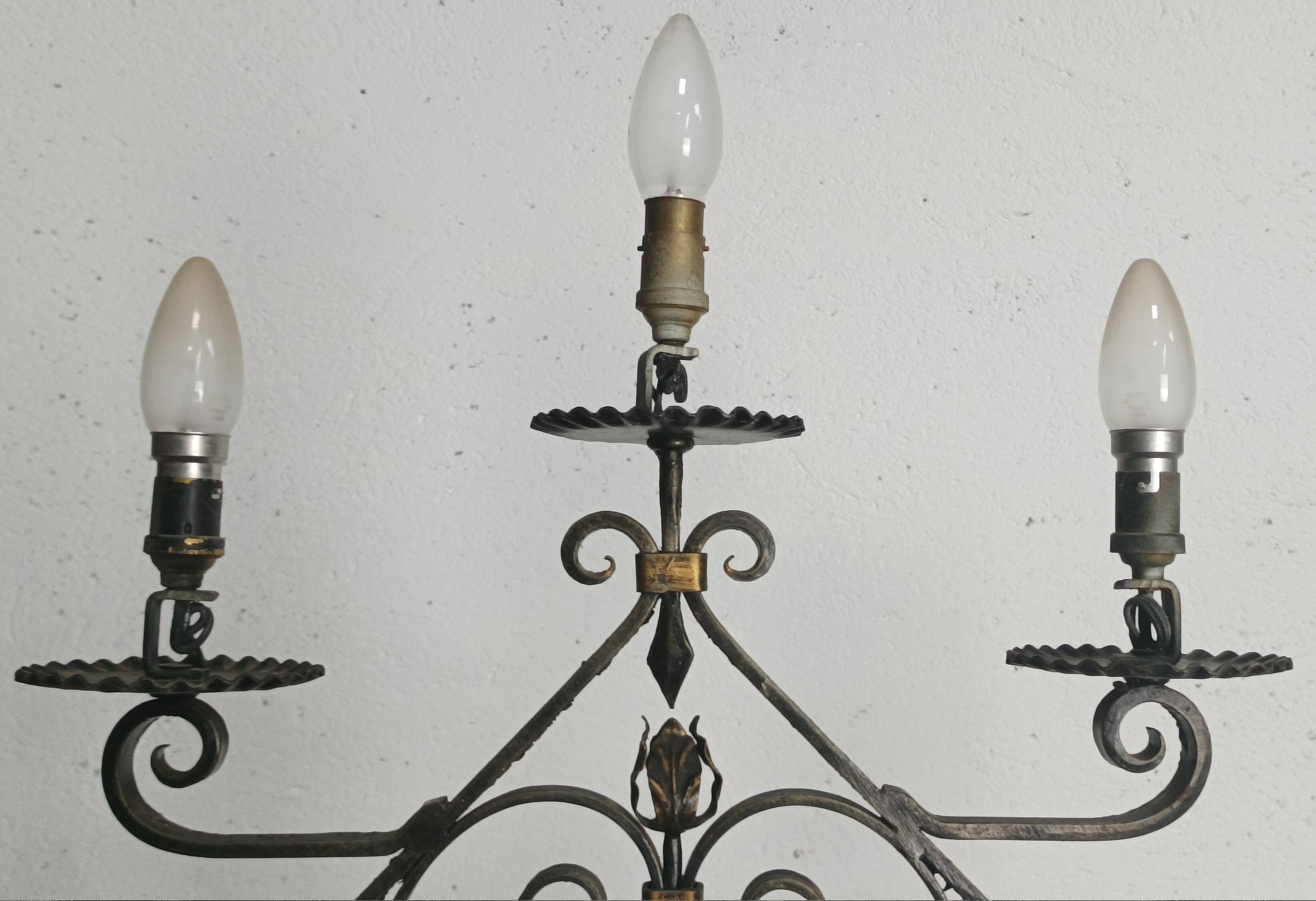 Wrought iron floor lamp with 5 light arms, 1940