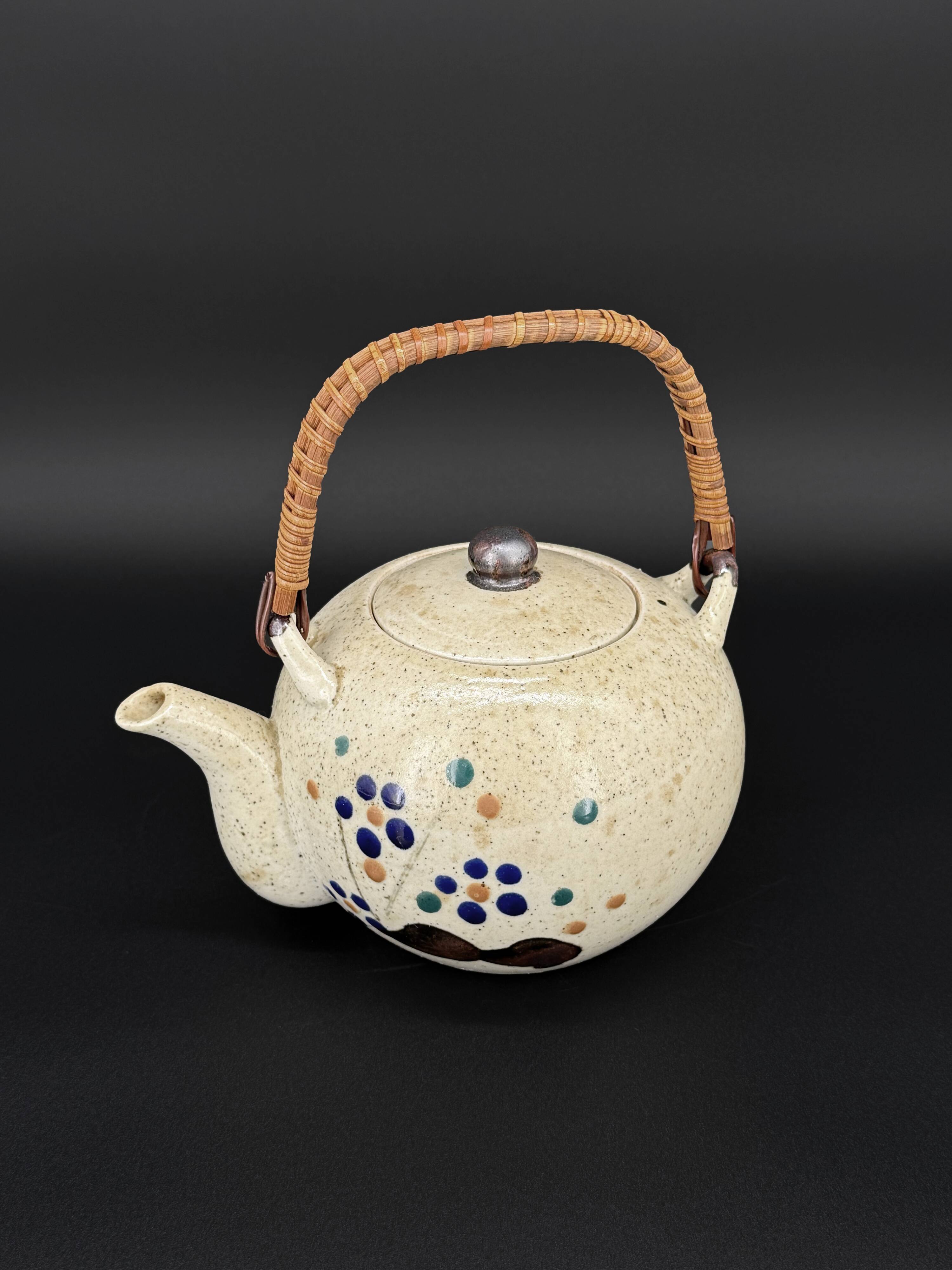 Vintage Japanese speckled stoneware teapot with bamboo handle
