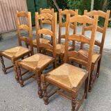 6 solid wood and straw chairs with high farmhouse-style backs