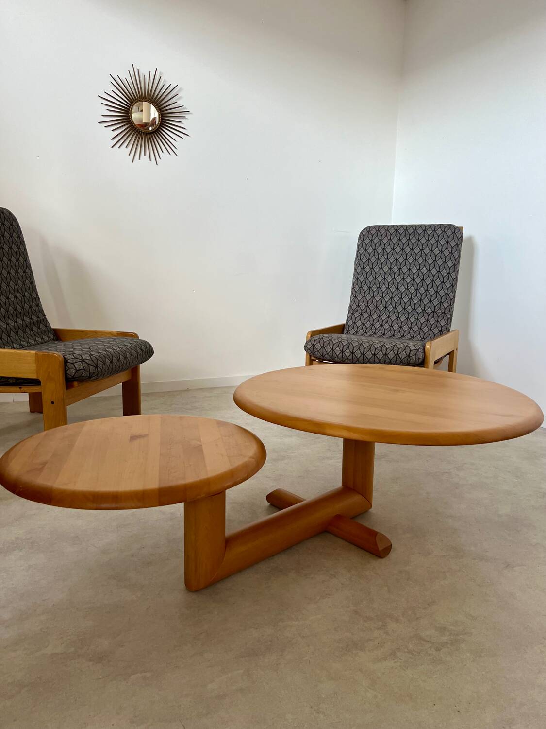 Table basse en bois à 2 plateaux ajustables, Roche Bobois années 80